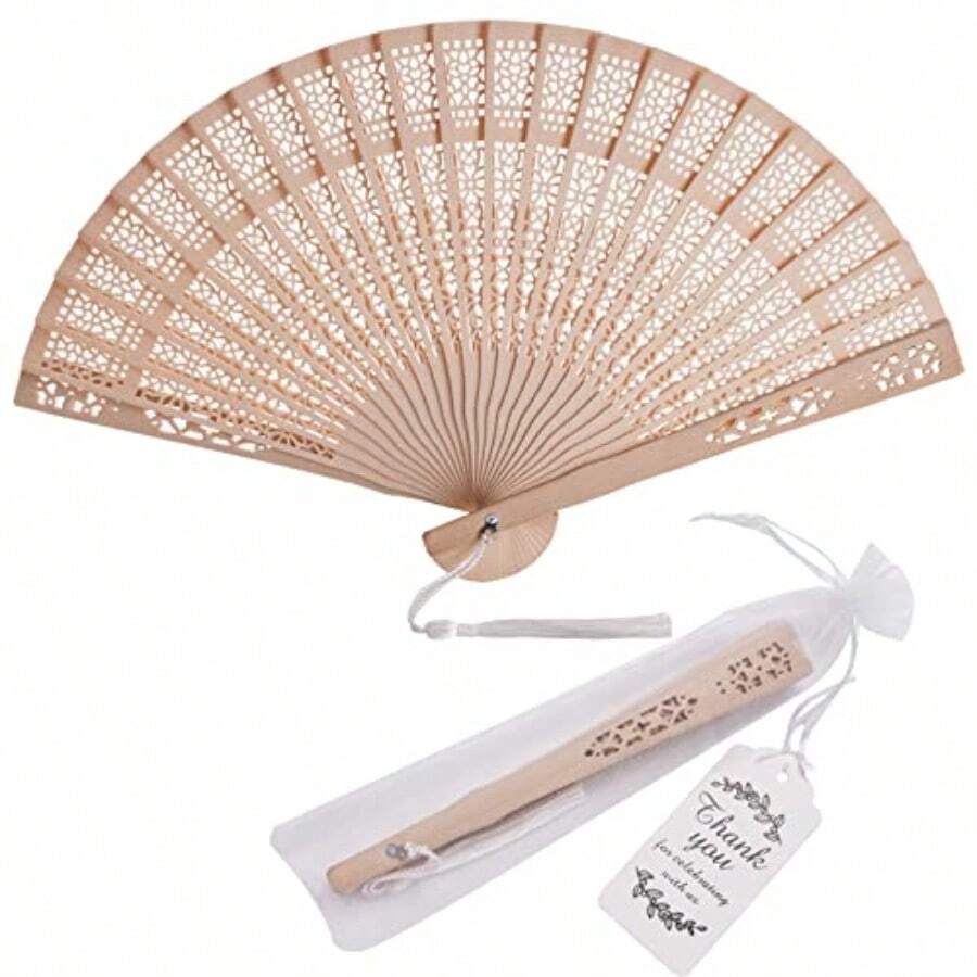 50 Sets Wooden Hand Fan Wood Handheld Folding Fans With Organza Bags And Thank You Tag And Tassels Wedding Party Favors - 如圖 - 查看 1
