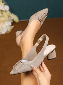 1 Pair Of Women's High-Heeled Sandals With Buckle Decoration, Pointed Toe, Light Opening, Solid Color Thick Heel, Casual Large Size, Breathable Fabric High Heels - 深杏 - 查看 1