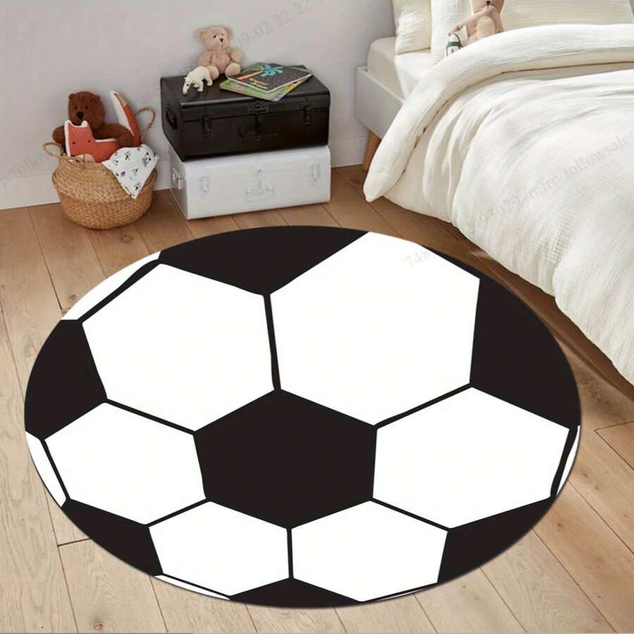 1 pièce Tapis de sol en velours. Tapis rond avec motif de football - Tapis d'intérieur/extérieur lavable en machine, convient pour le salon, la chambre, la salle de jeux - Décoration de maison thème sports noir et blanc, décoration de la salle de football Décoration de Noël