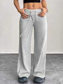 Women's Autumn Comfortable & Casual Solid-Knit Low-Rise Wide-Leg Long Sweatpants, Autumn & Winter Women's Pants - Grey - View 2