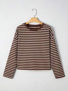 Acelitt Women's Brown Striped Print Ribbed Crew Neck Long Sleeve All-Match T-Shirt, Versatile For Autumn/Winter - Brown - View 5