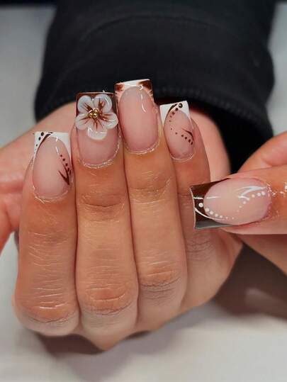 10pcs Y2K Style 3D White Floral Brown Press On Nails, Handmade Brown Lines And Polka Dot Square Nails, Exquisite Dark Brown Lines And Polka Dots, Paired With White Floral Fake Nails, Essential Nails For Summer And Autumn, Suitable For Daily Use, Light Socializing, And Leisure Travel. It Is An Excellent Gift For Women And Girls