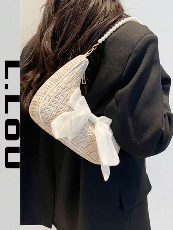 حقيبة كتف هلال مزينة بسلسلة من اللؤلؤ الصناعي، حقيبة كتف قش مزينة بوشاح فيونكة، حقيبة شاطئ كاجوال للعطلات، حقيبة يد كبيرة، حقيبة ترفيه خارجي، حقيبة متعددة الاستخدامات للتنقل اليومي، أساسيات العطلات، مثالية للصيف، العطلات والشاطئ