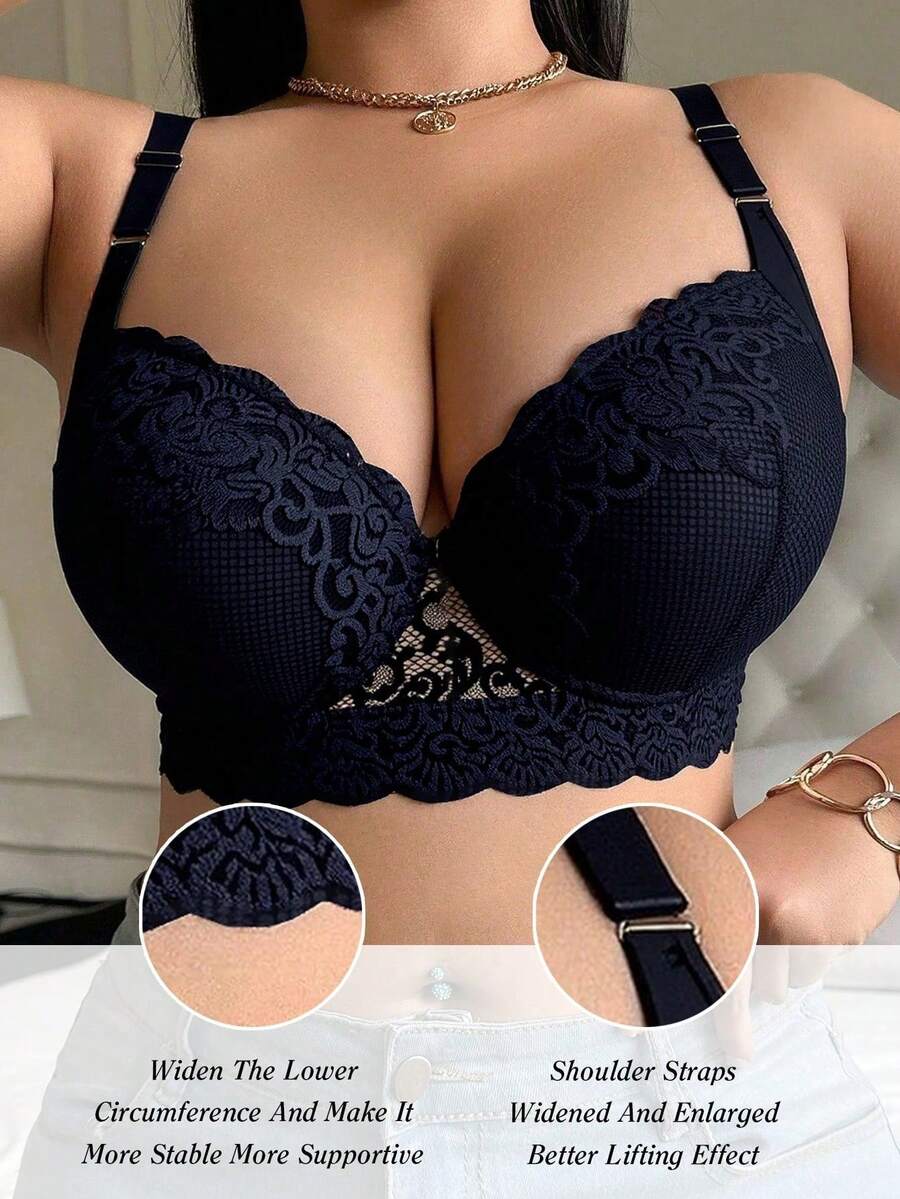 女士加大码蕾丝文胸，提胸文胸，无缝性感内衣，女士聚拢文胸，防下垂舒适文胸，深V文胸 - 黑色 - 查看 1