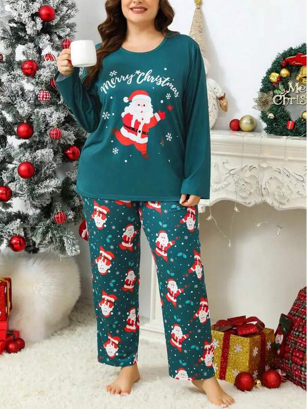 Plus Size Women Christmas Letter & Cartoon Print Casual Sweatshirt And Pants Set, Autumn/Winter