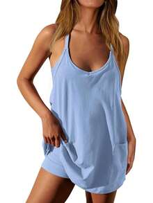 Women's Sleeveless Mini V-Neck Sundress With Spaghetti Straps, Athletic Short Dress With Pockets, Summer Casual Beach Dress For Travel, Dating, And Daily Wear  Holiday  Vacation    Casual - 淺藍色 - 查看 1