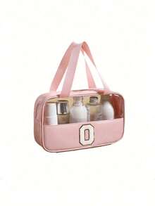 1 pièce Sac de maquillage organisateur en PVC transparent, design de lettre, sac de maquillage portable et imperméable, sac de toilette minimaliste avec patch initial, cadeau pour maman, sac de plage, accessoires de plage, serviette de plage, fournitures de plage, sac de vacances, indispensable pour les vacances d'hiver et d'automne, cadeau de la Saint-Valentin