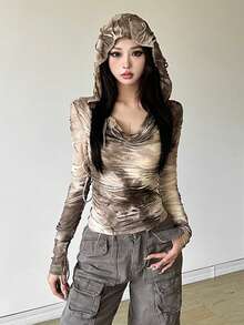 Áo thun dài tay có mũ trùm đầu dáng ôm dáng đơn sắc dành cho nữ phong cách đường phố Top Dazzle - Màu Khaki - Xem 4