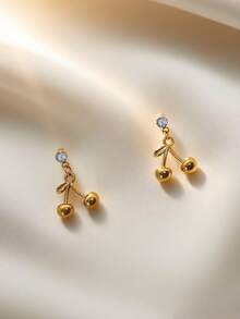 1 par de pendientes de oro con colgante de cereza de circonita y acero inoxidable, joyería elegante y linda para mujeres, adecuada como regalo de San Valentín para la novia