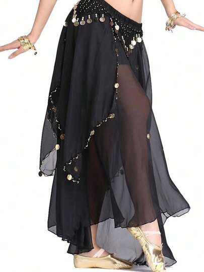 1pc Women's Belly Dance Skirt Hanging Coin Skirt Swing Skirt Dance Performance Costume Sequin Stage Performance Costume Sequin Skirt
