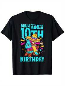 Camiseta negra de cumpleaños para mujer, con divertido estampado de sombrero "Bruh It's My 10th Birthday", cuello redondo, algodón de 180 g, manga corta para celebraciones, regalo perfecto para fiestas de cumpleaños de niñas, conjuntos casuales de verano. - Negro - Ver 2