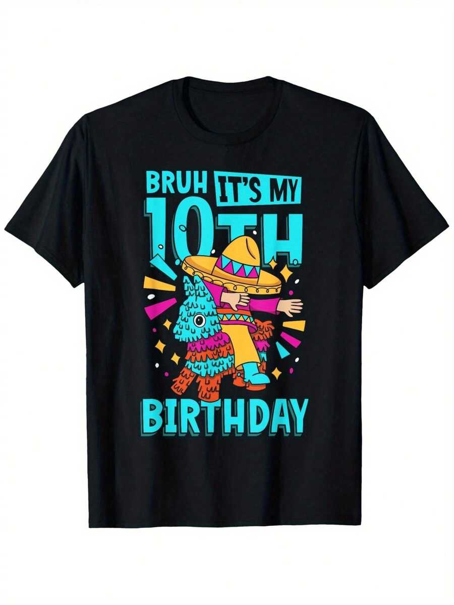 Camiseta negra de cumpleaños para mujer, con divertido estampado de sombrero "Bruh It's My 10th Birthday", cuello redondo, algodón de 180 g, manga corta para celebraciones, regalo perfecto para fiestas de cumpleaños de niñas, conjuntos casuales de verano.