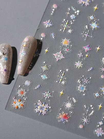 1 件彩色雪花与迷人闪光星星指甲贴纸 5D 闪亮水晶冬季适合神奇假日季节美甲艺术装饰