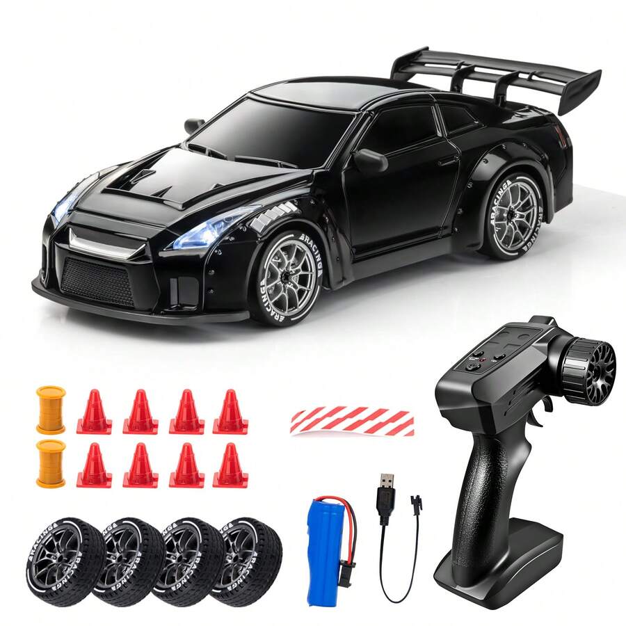 Remote Control Drift Car, 1:24 Scale Remote Control Vehicle With LED Lights, 2.4GHz 20KM/H 4WD High Speed RC Cars, Drifting Tires&Two Batteries, Remote Controlled Vehicle, Durable Plastic Body - Dark Night - View 1