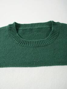 Seasonal New Striped Minimalist Drop Shoulder Crew Neck Long Sleeve Casual Loose Knit Pullover Unisex Top - Green - View 5