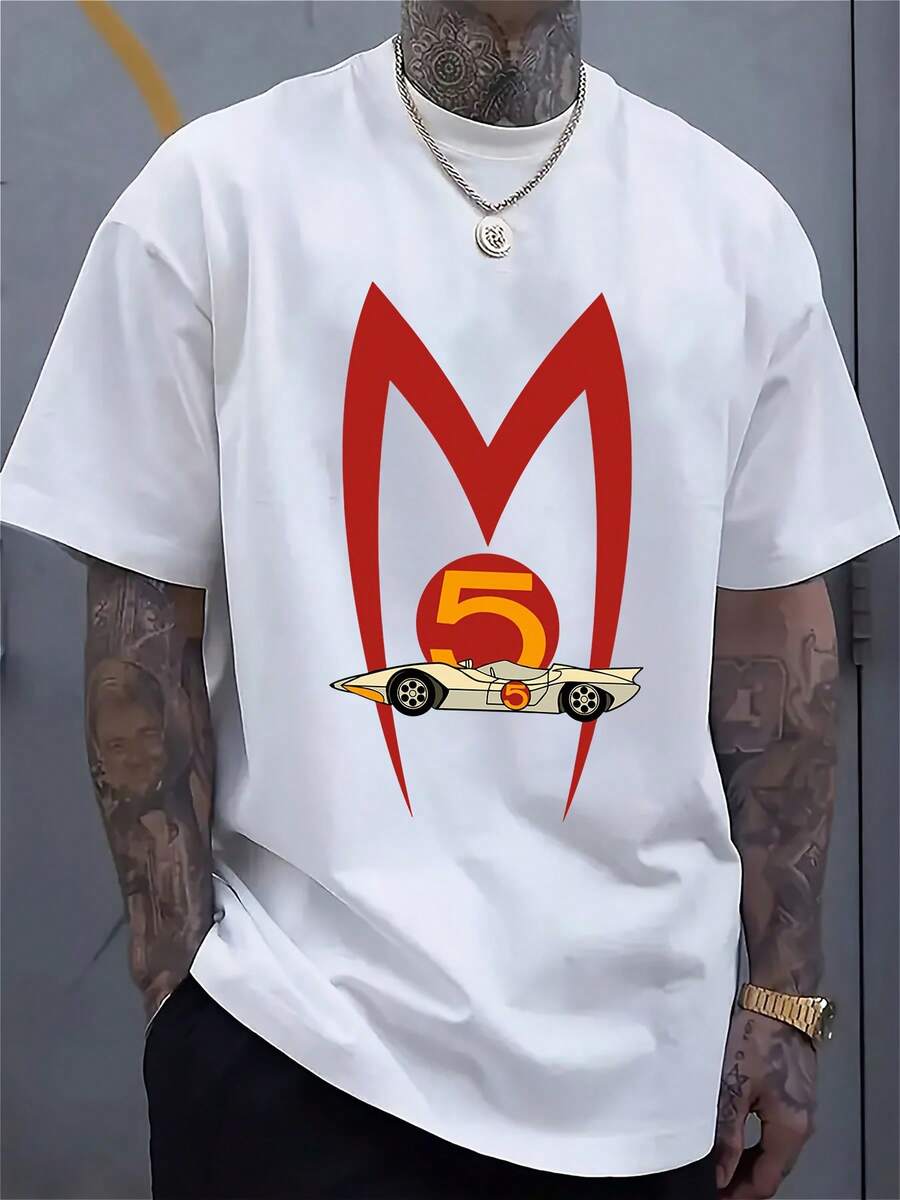 MACH 5 SPEED RACER Camiseta de Hombre de Algodón Ligero y Transpirable MACH 5 SPEED RACER Gráfico Vintage | Diseño de coche de carreras divertido, camiseta casual de cuello redondo, manga corta, blanca con detalles en rojo y azul, adecuada para todas las estaciones - Blanco - Ver 1