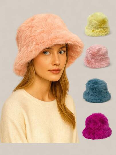 Fluffy, Soft, Casual, Warm, And Versatile Bucket Hat, The Perfect Accessory For Winter And Autumn. This Plush, Plain, Contrast-Colored Bucket Hat Is Warm And Thick. This Fluffy And Soft Winter Bucket Hat Is The Perfect Gift For Outdoor Travel. This One-Piece Set Includes A European And American-Style Faux Fur Bucket Hat With Polka Dot Print, A Versatile,