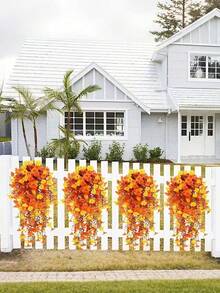 4pcs/2pcs/1pc Artificial Hanging Flower Plants Yellow And Orange For Outdoor Decoration, Simulation Silk Morning Glory With Eucalyptus UV Resistant Lifelike Vines, Suitable For Wall, Home Porch, Patio, Balcony, Courtyard Indoor Decoration, Halloween Decoration, Fall Decoration