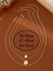 3pcs Vintage Multilayer Engraved Chain Necklace, Elegant Geometric Pendant Necklace Set