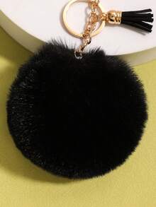 2个黑白仿毛皮绒球流苏钥匙扣，包包挂饰，万圣节配饰，教师节包包挂饰，汽车配饰，朋友姐妹礼物创意 - 黑色+白色 - 查看 4