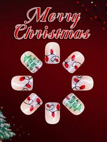 24pcs Short European-Style Square False Nails, Christmas Short Shiny Square Armor With Rattan Light Christmas Tree Glitter Nails, Full Coverage Removable Nail Set, Suitable For Parties, Dances, And Everyday Wear. - Multicolor - View 3