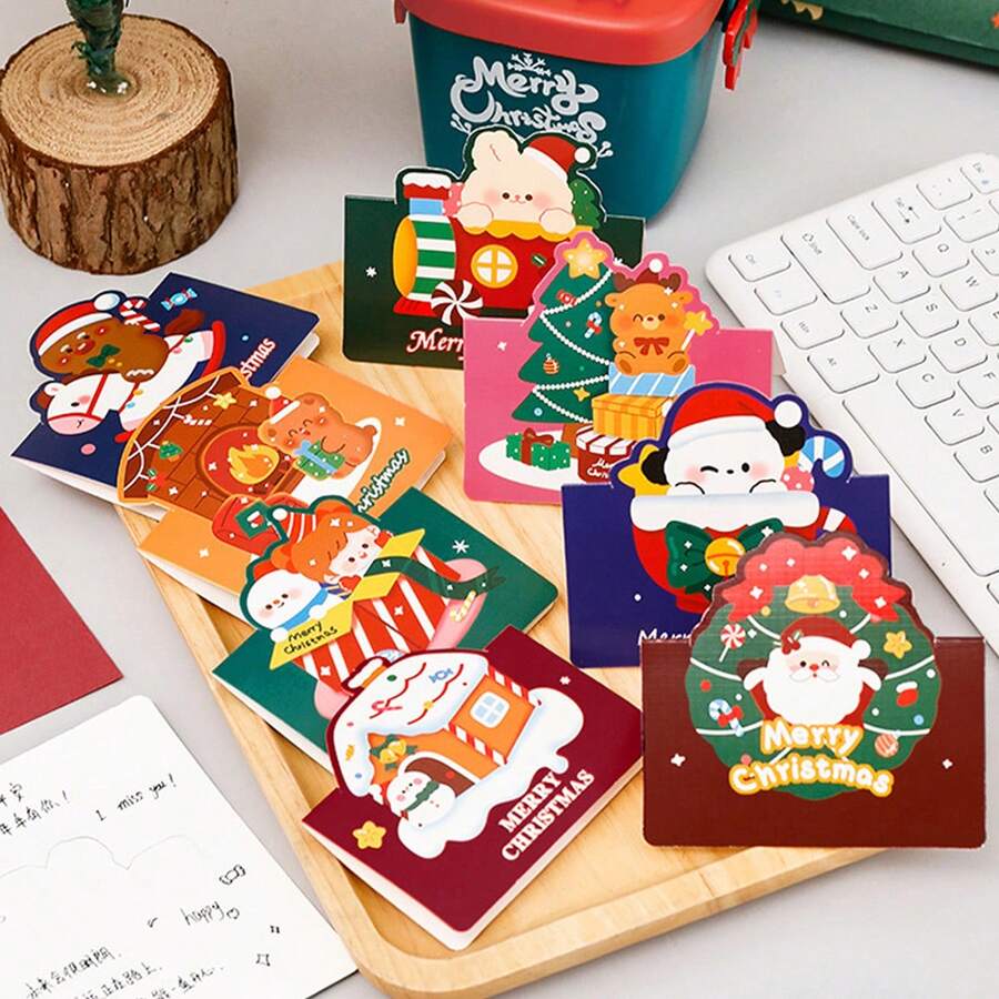 8pcs Cartoon Christmas 3D Folding Greeting Cards, Multi-Functional Christmas Card, Gift, Thanksgiving, Blessing Message Cards