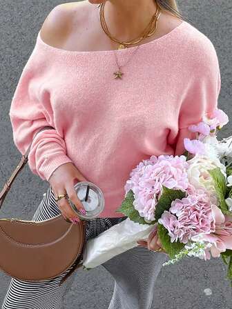 Dam enfärgad sexig stickad tröja med asymmetrisk axel och långärmad passform, höst/vinter