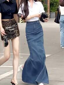 韩版复古牛仔裙，高腰修身鱼尾下摆修身半身裙，2025秋冬新款 - 深色水洗藍 - 查看 4