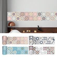 1卷PVC瓷砖家居装饰壁纸，自粘可移除波西米亚陶瓷贴纸，欧式曼陀罗图案墙贴，复古棕绿粉蓝条纹边框，多种尺寸可选（3.94/5.91/7.87/11.8 x 78.7英寸）。墙地两用壁纸，复古风格家居装饰，适用于墙面装饰、室内DIY、厨房、浴室、洗衣房、壁炉及其他房间装饰。 - 彩色 - 查看 3