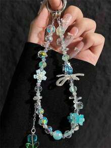 Y2K Luxury Cute Tulip Flower Tassel Bling Rhinestone Bowknot Bead Beaded Phone Chain Charm Lanyard Hanging Rope Sweet Girl Jewelry Pendant Decoration