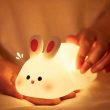 Cute Bunny Nursery Light, Easter Rabbit Squishy Silicone Touch Night Lamp Rechargeable, Kawaii Animal Toddler Room Decor Table Lamp, Child Girl Women Birthday Gift - 大臉兔 - 查看 5