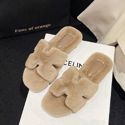 1双女式卡其色毛绒软拖鞋，温暖舒适的露趾毛绒家居鞋。舒适的室内/室外一脚蹬，透气毛绒拖鞋，轻便的室内地板拖鞋，女式纯色毛绒卧室地板拖鞋