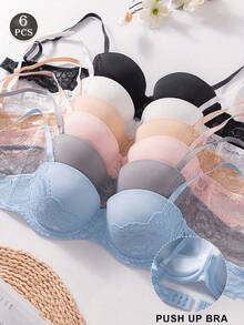 6Pcs/Set Ladies Lace Push Up Bra, Underwire Bra - Multicolor - View 1