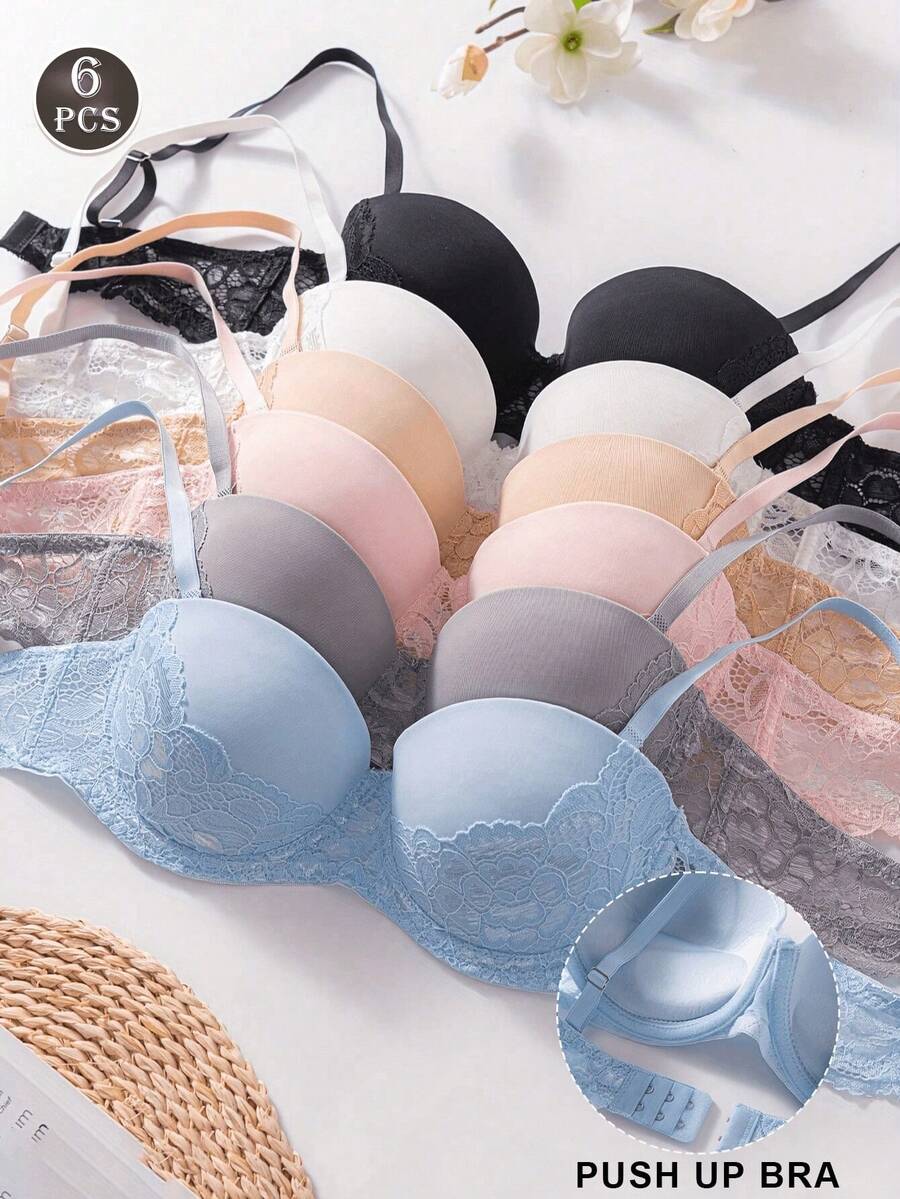 6Pcs/Set Ladies Lace Push Up Bra, Underwire Bra - Multicolor - View 1