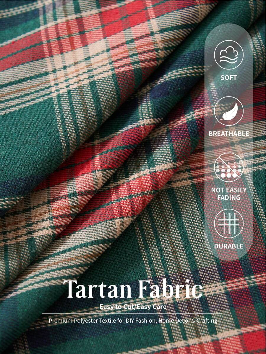 1pc Green Plaid Woven Fabric, Soft & Durable Vintage American Style Fabric, Suitable For DIY Dresses, Skirts, Tops, Jackets, Bags, Clothing, Home Decor, Curtains, Tablecloths, Sofa Covers, Pillows, Christmas Decorations, All Seasons - Green - View 1