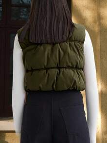 Women's Cropped Padded Vest Lightweight Zip Up Sleeveless Coat Winter Fashion Outerwear - xanh quân đội - Xem 2