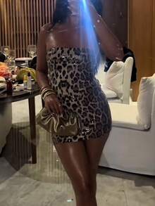 Glamful Sexy Chic Sparkly Leopard Print Sequin Bodycon Party Dress, Suitable For Young Fashionable Ladies - Brown - View 3