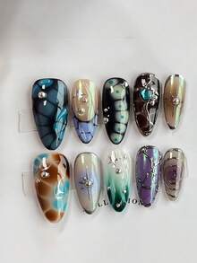 Mười mẫu móng tay giả thủ công phong cách retro đầy màu sắc, móng tay giả thủ công sang trọng, màu sắc tươi sáng, móng tay giả dán mùa hè, móng tay giả tái sử dụng, quà tặng cho nữ, nghệ thuật làm móng, phù hợp cho các cô gái và phụ nữ đeo hàng ngày trong các bữa tiệc, dụng cụ làm móng, móng tay giả dán thủ công. - Nhiều màu - Xem 10