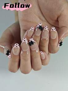 10 móng tay giả thủ công hình hạnh nhân, kiểu ngắn, chấm bi hồng đen, kiểu móng Pháp, trang trí nơ 3D dễ thương, phù hợp cho phụ nữ và bé gái khi đi nghỉ mát hoặc sử dụng hàng ngày. - Nhiều màu - Xem 6