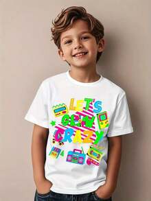 Boys' Retro 80s Neon Graphic T-Shirt - Glowing Cassette Tape & 's Cube Design, Let's Go Crazy 80s Party Outfit, Casual Round Neck Tee For Themed Events & Casual Attire (Machine Washable) - White Base With Neon Colors, Stretchy Comfortable Fabric, Playful Retro Gaming & Pop Culture Graphics, All-Season Wear For Boys - 白色 - 查看 1