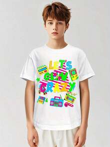 Boys' Retro 80s Neon Graphic T-Shirt - Glowing Cassette Tape & 's Cube Design, Let's Go Crazy 80s Party Outfit, Casual Round Neck Tee For Themed Events & Casual Attire (Machine Washable) - White Base With Neon Colors, Stretchy Comfortable Fabric, Playful Retro Gaming & Pop Culture Graphics, All-Season Wear For Boys - 白色 - 查看 6