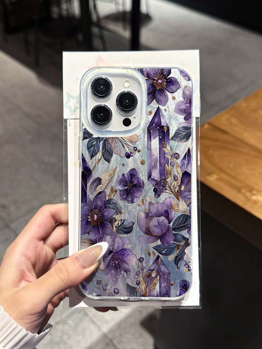 Shiny Purple Crystal Flower Pattern Phone Case Compatible With Iphone 16 Pro Max, 14/13, 12, 11 Pro Max, XS Max, X, XR, 8, 7, Plus, 15, 13 Pro Max, 16, 14 Plus, 11, Can Be Used As Birthday Gift, Girlfriend, Boyfriend Or Self-Use - Multicolor - View 1