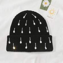 Knit Rhinestone Embellished Hat For Women, Winter Warm Beanies Cap For Outdoor Shopping, Dating, Ski - 黑色 - 查看 2