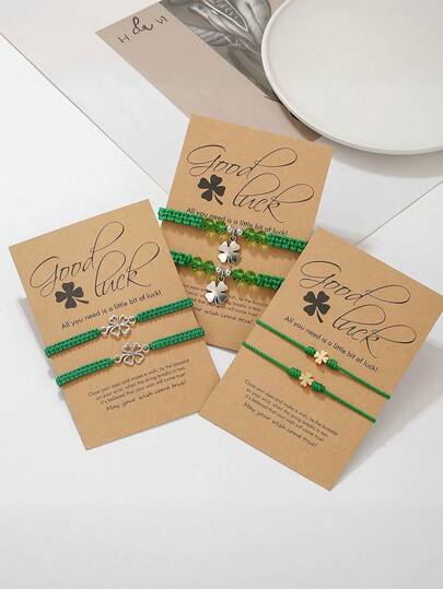 2pcs/Set Fashionable Bestselling Card Strap Green Lucky Four-Leaf Clover Pendant Braided Bracelet, Couples Friendship Cute Lucky Clover Braided Friendship Bracelet Set, Suitable For Daily Wear, Outings Or Festivals