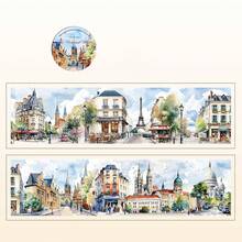 1 rolă bandă autocolantă decorativă cu tematică de ilustrații peisagistice pentru scrapbooking creativ, serie Free Wind, potrivită pentru cadouri, birou, casă, marcare, etichetare, sală de clasă, jucării de divertisment, planificator pentru studenți, accesorii DIY pentru decor vintage