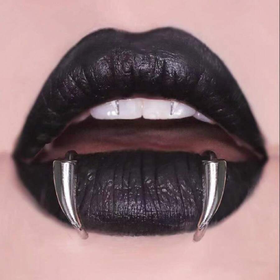 2pcs Stainless Steel Fashionable And  Personality Fangs Lip Rings Halloween Accessories Fake Lip Rings Wolf Tooth Shape - 黑色 - 查看 1