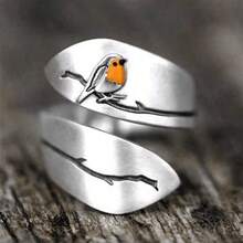 1pc Boho Style Vintage Bird & Branch Adjustable Open Ring, Fashion Jewelry For Women, Suitable For Daily Wear Or Gift - 復古銀色 - 查看 1
