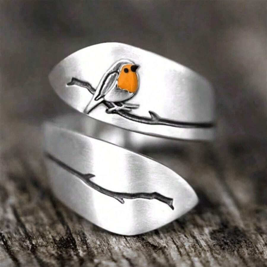 1pc Boho Style Vintage Bird & Branch Adjustable Open Ring, Fashion Jewelry For Women, Suitable For Daily Wear Or Gift - 復古銀色 - 查看 1