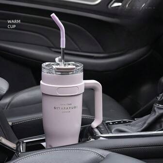 Double-Wall Stainless Steel Vacuum Insulated Tumbler With Leak-Proof Lid Reusable Straw And Handle For Car Office Travel Outdoor, Double-Wall Stainless Steel Vacuum Insulated Tumbler With Leak-Proof Transparent Lid, Reusable Metal Straw With Silicone Sleeve, Comfortable Handle, Matte Finish Body