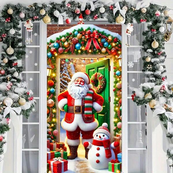 Cortina de puerta versátil de poliéster con diseño vintage rústico de Papá Noel y muñeco de nieve, ideal para Navidad, Halloween, Acción de Gracias y talla grande - 35.43x70.87 pulgadas, perfecta para Navidad y Acción de Gracias